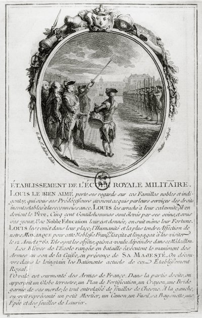 Ludvig XV (1710-74) Besøger Ecole Militaire i Paris, 12. august 1760, indgraveret af Antoine Duclos (1742-97) af Gabriel de Saint-Aubin